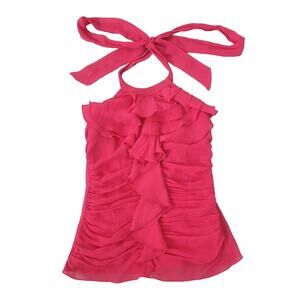 Y2k Express 100% Silk Ruched Ruffle Halter Top Size 2 Pink Barbie Fairy Coquette